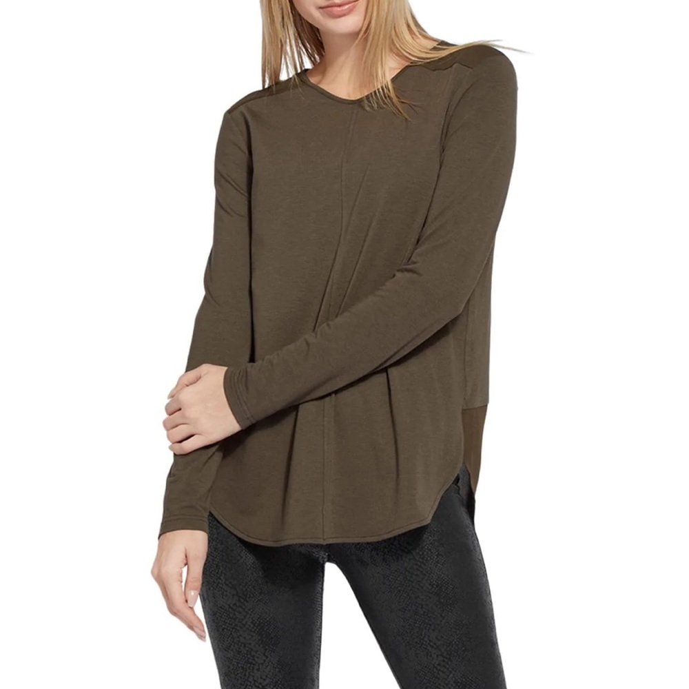 LYSSE Dark Olive SIDE SLIT V NECK BLOUSE S